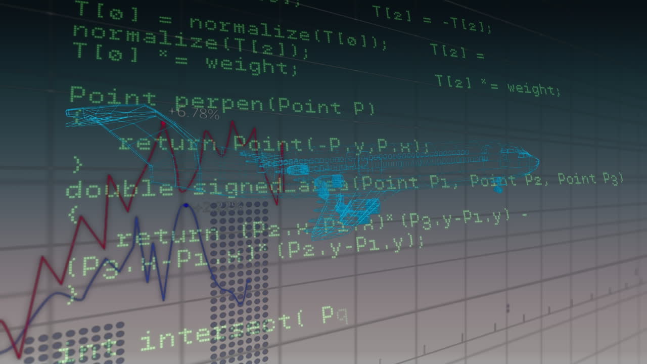 animación del proyecto de avión giratorio sobre procesamiento de datos y gráficos en espacio negro y beige