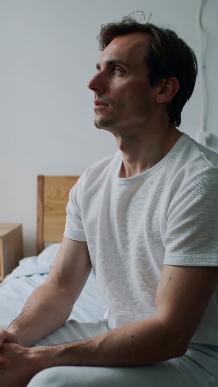 Video verticale: Uomo in maglietta bianca seduto sul letto a casa che si gira, vede un movimento fuori campo e riflette.