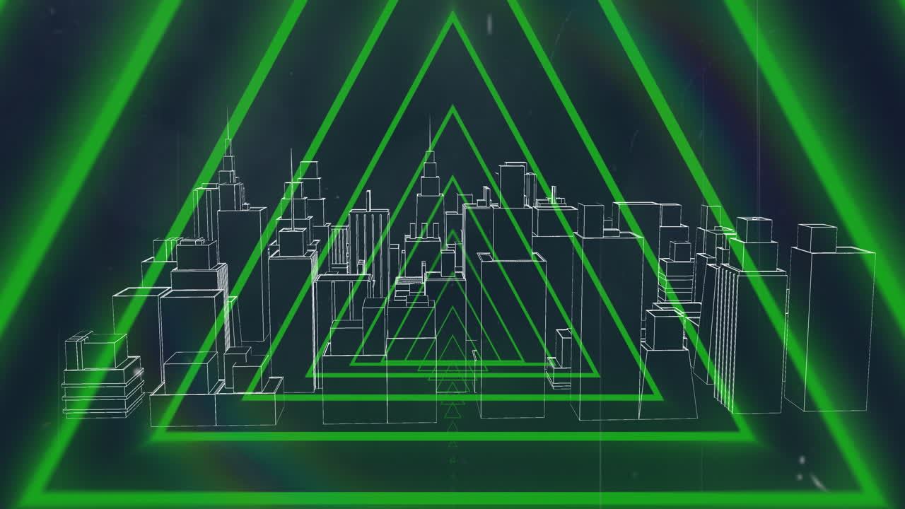 Animation of red neon geometrical shapes over 3d city model