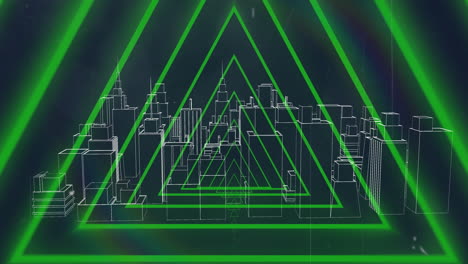 animation of red neon geometrical shapes over 3d city model