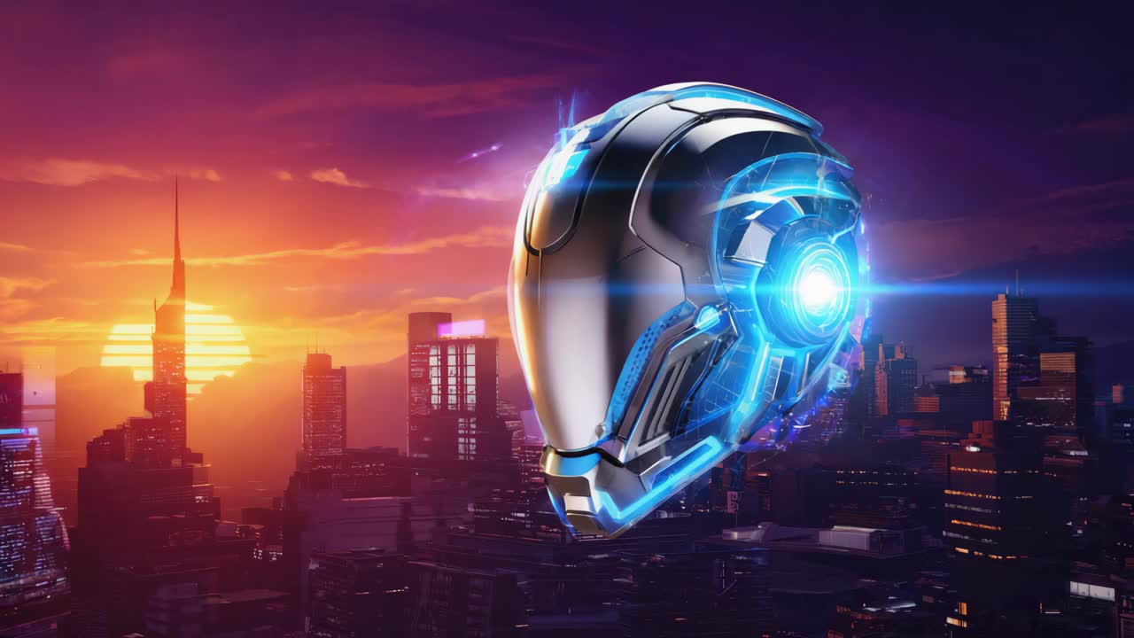 Futuristic Cyberpunk Helmet in Cityscape