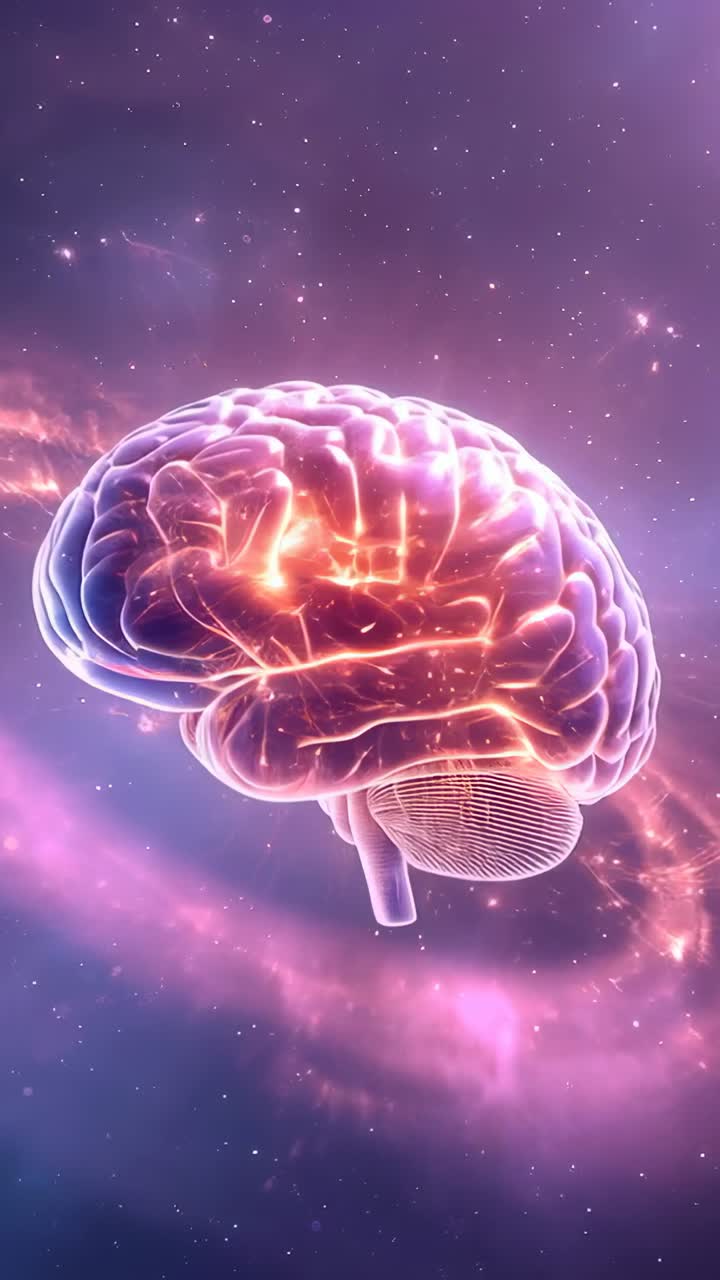 Vertical video: Rotating brain through frames, increasing glow and neural firing against nebula