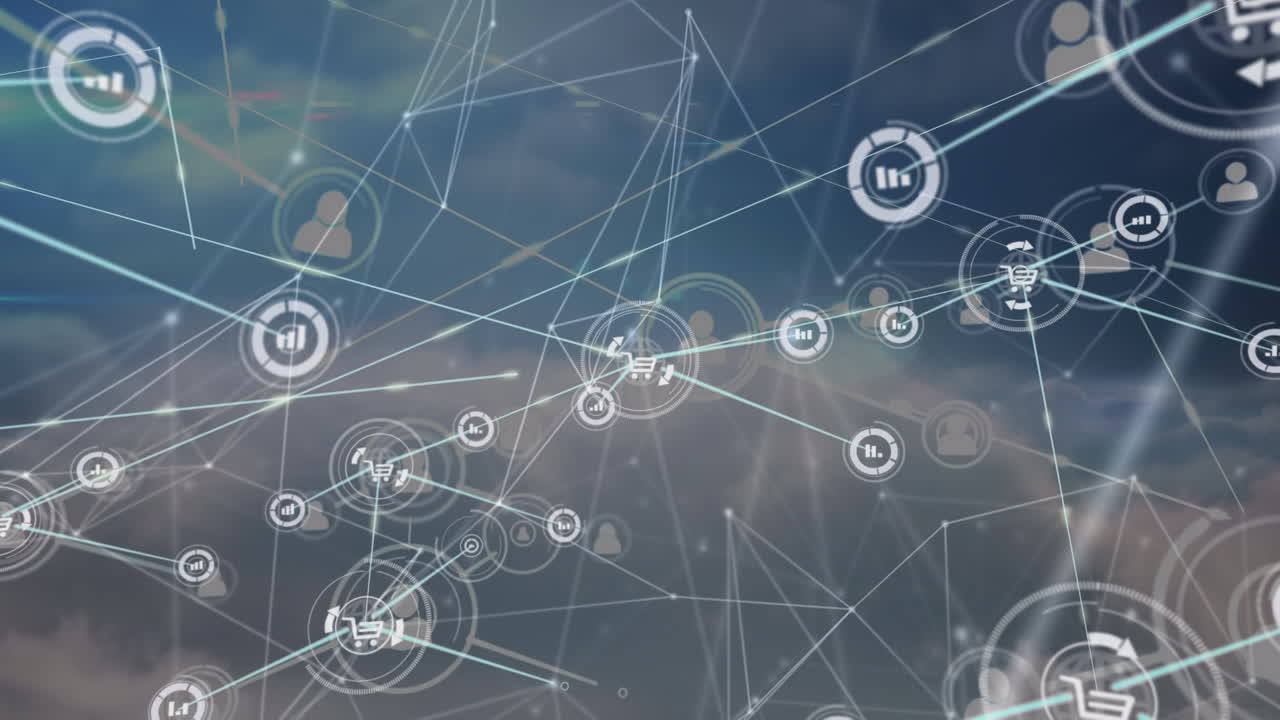 animación de una creciente red de información e iconos de compras que transfieren datos a través de nubes en movimiento