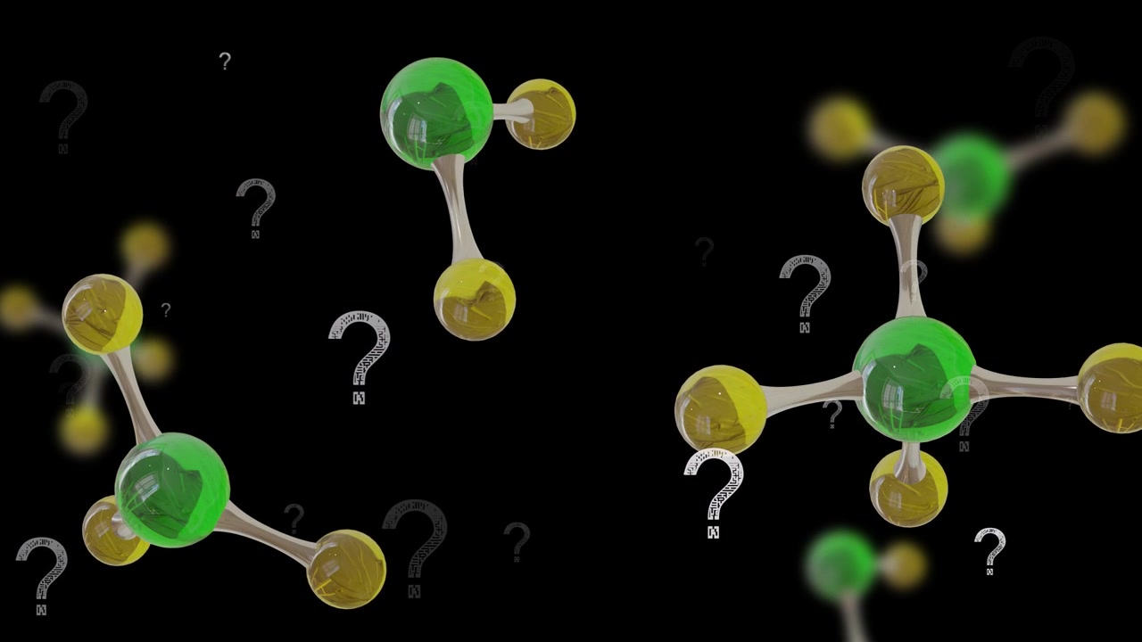 On play, molecules drifting and rotating in black void, question marks orbiting to show uncertainty
