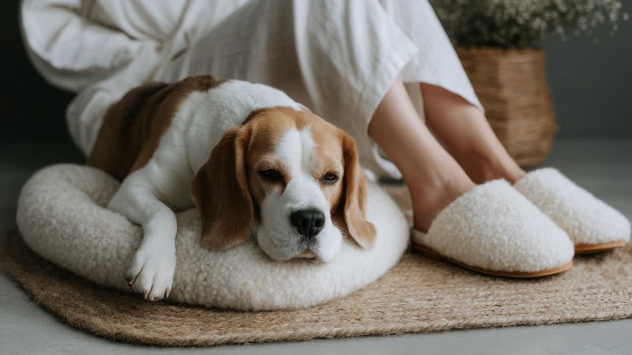 A Cozy Moment: A Relaxed Beagle Resting Comfortably on a Soft Bed Next to a Person in Cozy Slippers, Surrounded by a Warm and Inviting Atmosphere