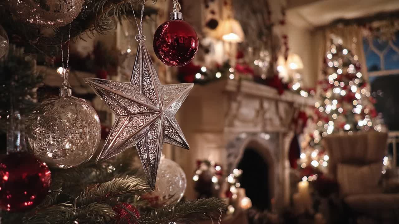 A Captivating Christmas Scene Featuring Glimmering Ornaments, a Dazzling Star, and a Warmly Decorated Fireplace for a Cozy Holiday Atmosphere