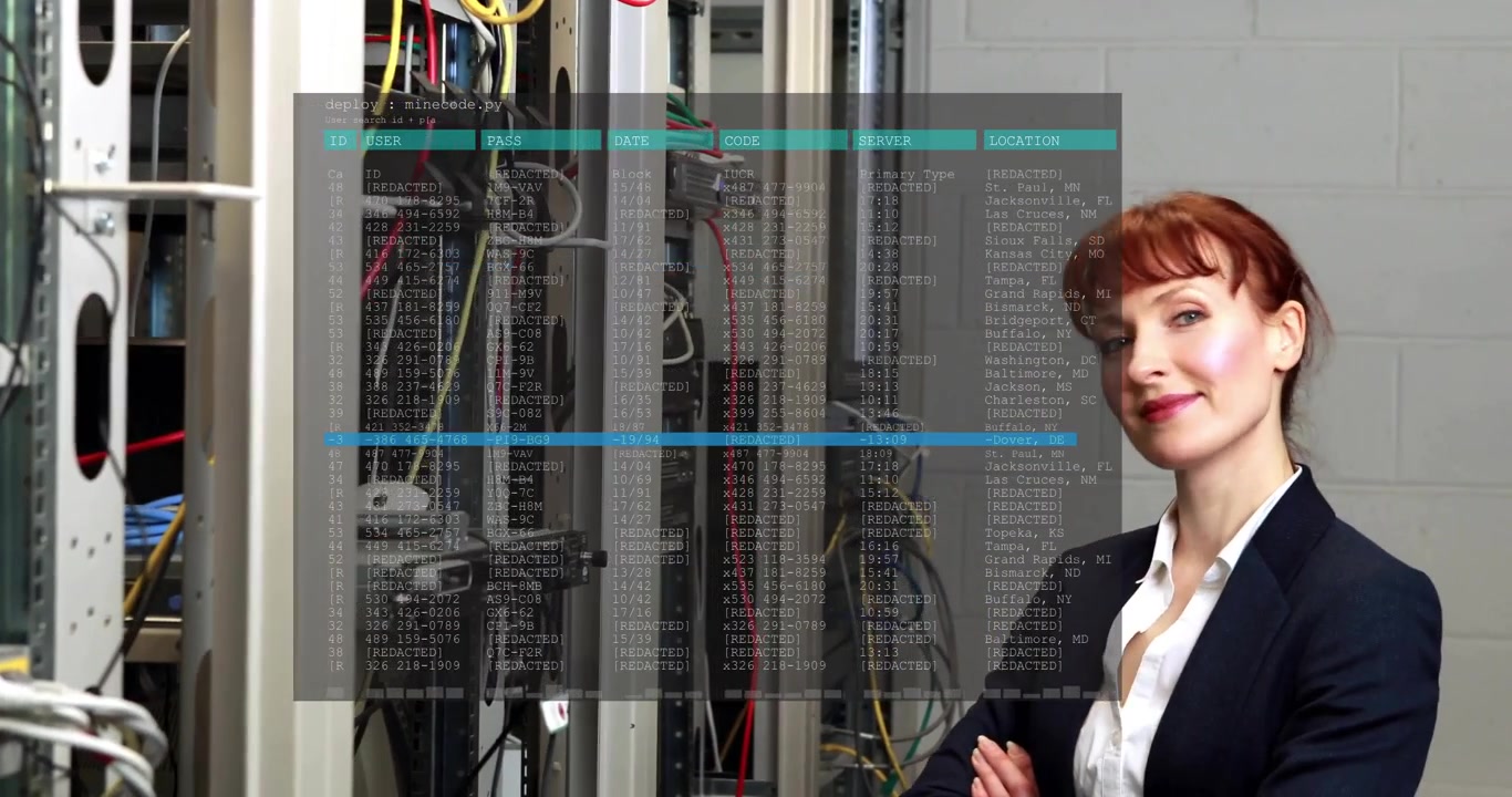Mid adult woman monitoring server rack in data center, featuring animated code overlay and cables