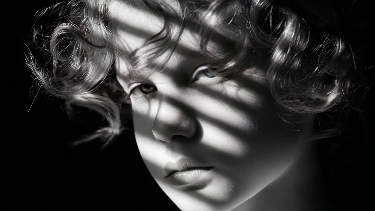 A Portrait of Innocence: A Child's Face Illuminated by Striking Shadows and Light in Black and White, Capturing a Moment of Childhood Wonder and Mystery