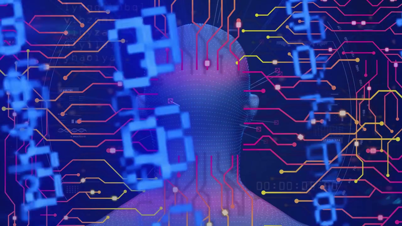 Data driving 3D head rotating away and coming back, traces pulsing and glyphs sliding, showing data