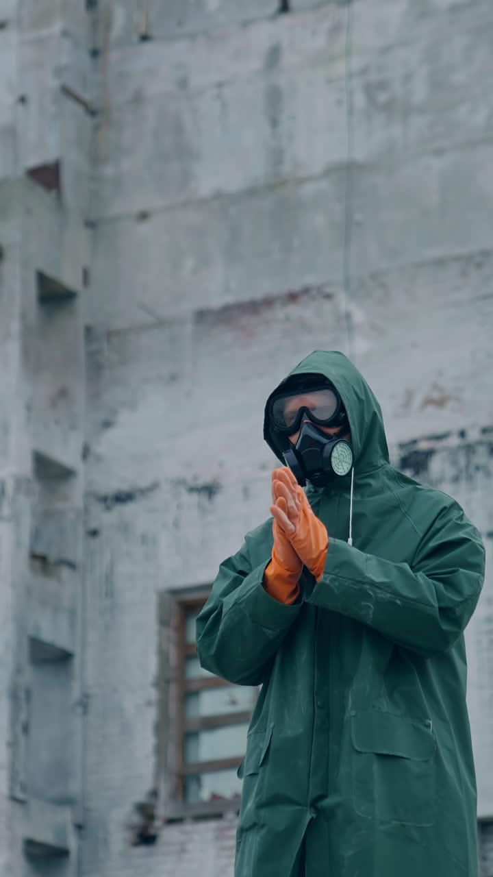Man in protective suit and mask in infected zone. Person wearing respirator and safety uniform, in protective gloves standing on the background of abandoned building. Vertical video