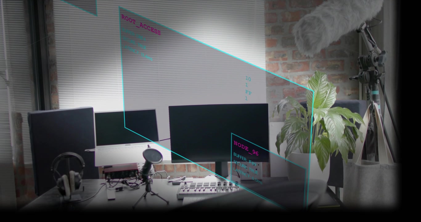 Sistema inicializando, mesa com configuração tecnológica enquanto HUD ciano se move pelos monitores marcando o estado NODE_96