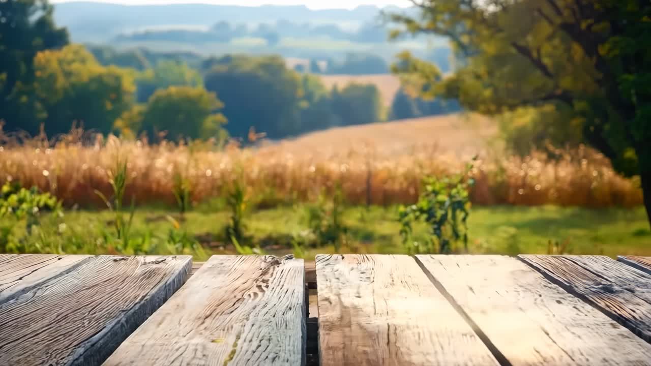 una mesa de madera sentada en el medio de un campo de hierba