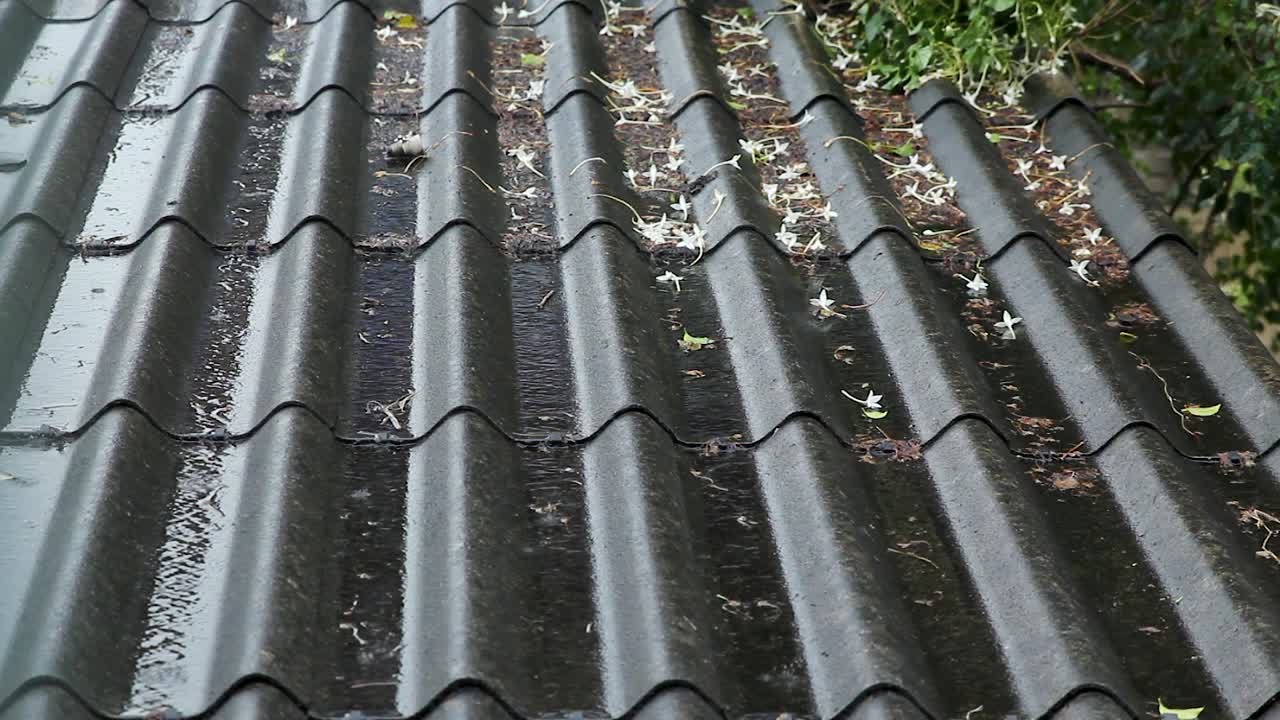 Rain hitting the roof that has flowers and leafs on it