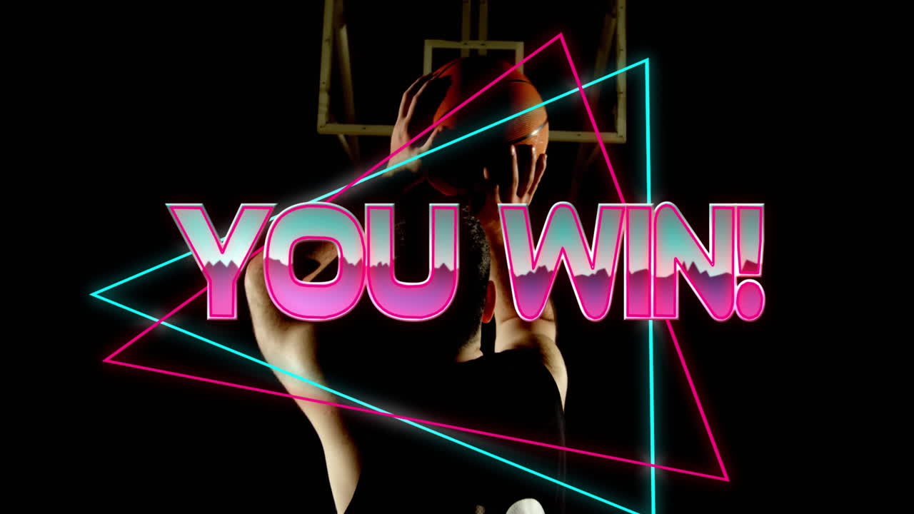 농구 선수와 함께 공을 고 승리! 네온 모양에 대한 텍스트 애니메이션