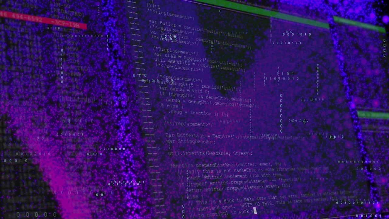 Animation of computer data processing over dark background