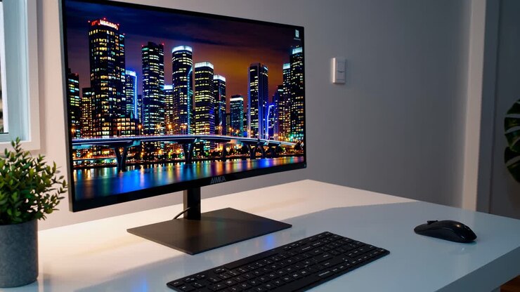 Ein moderner Arbeitsplatz mit einem eleganten Monitor, der ein Stadtbild-Video zeigt