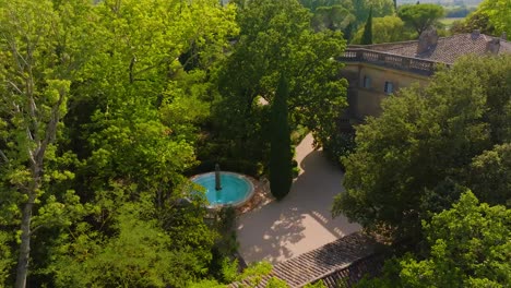 Aerial-View-of-Chateau-de-Castille's-Garden-and-Fountain