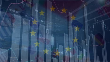 animation of diverse financial data and graphs over european union flag and floating diverse flags