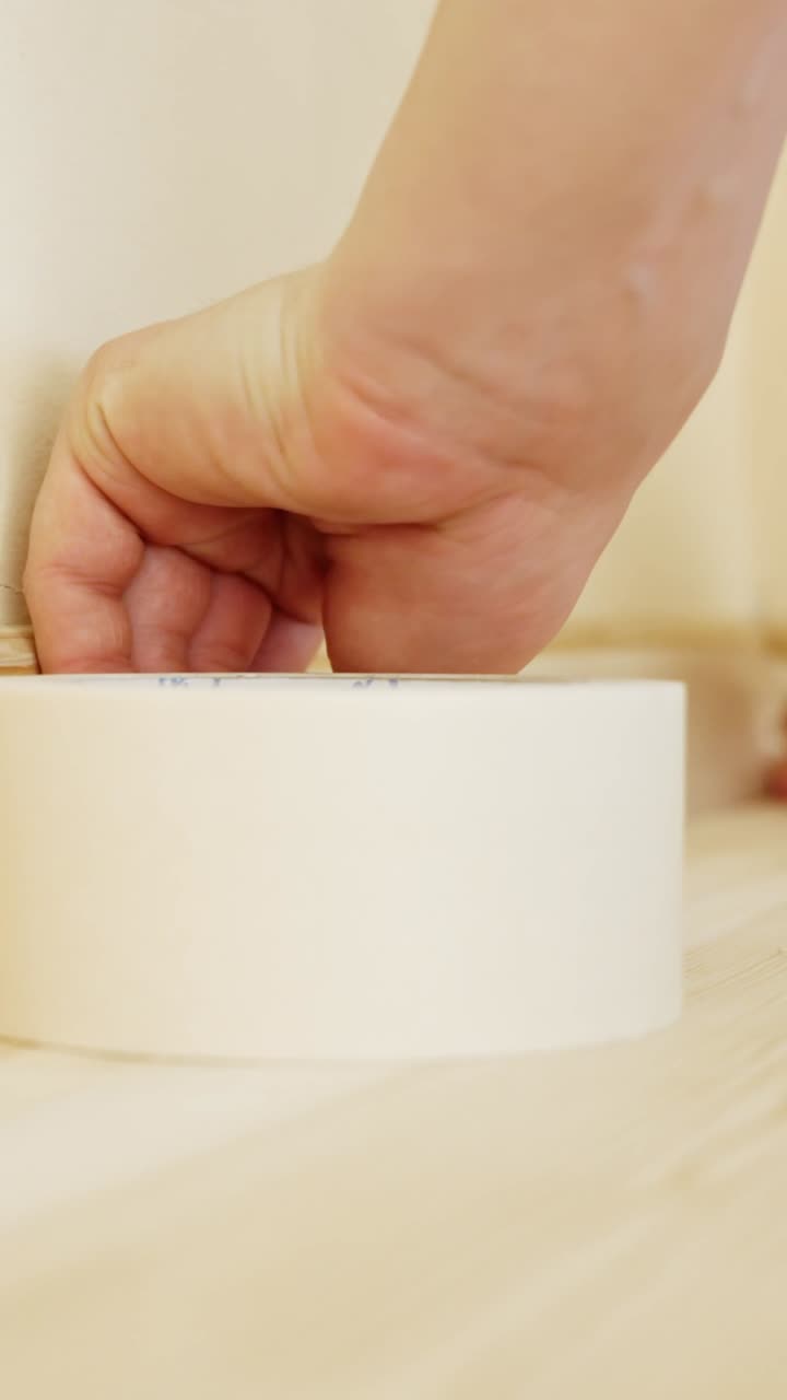 Close-up of hands carefully placing tape to protect wall edges before painting