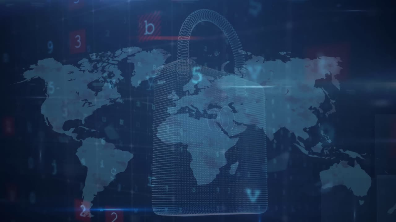Animation of cyber security data processing over security padlock icon against world map