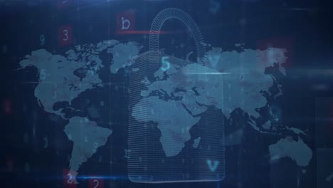 animación del procesamiento de datos de ciberseguridad sobre el icono de candado de seguridad contra el mapa del mundo.