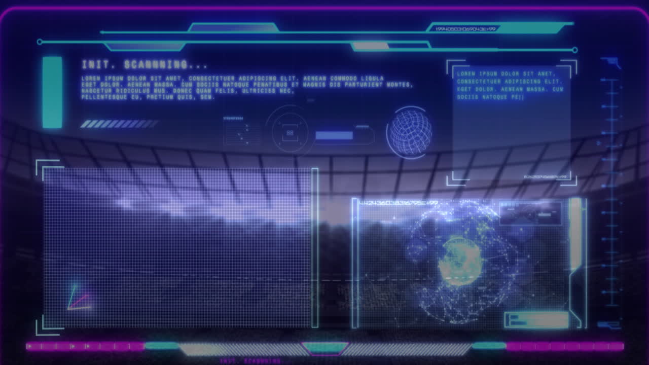 animación del procesamiento de datos de la interfaz sobre un estadio deportivo iluminado