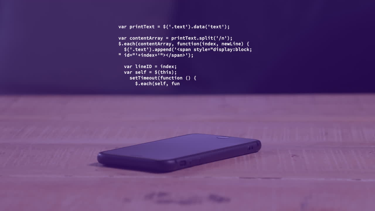 Animation of computer language over cellphone on wooden table in background