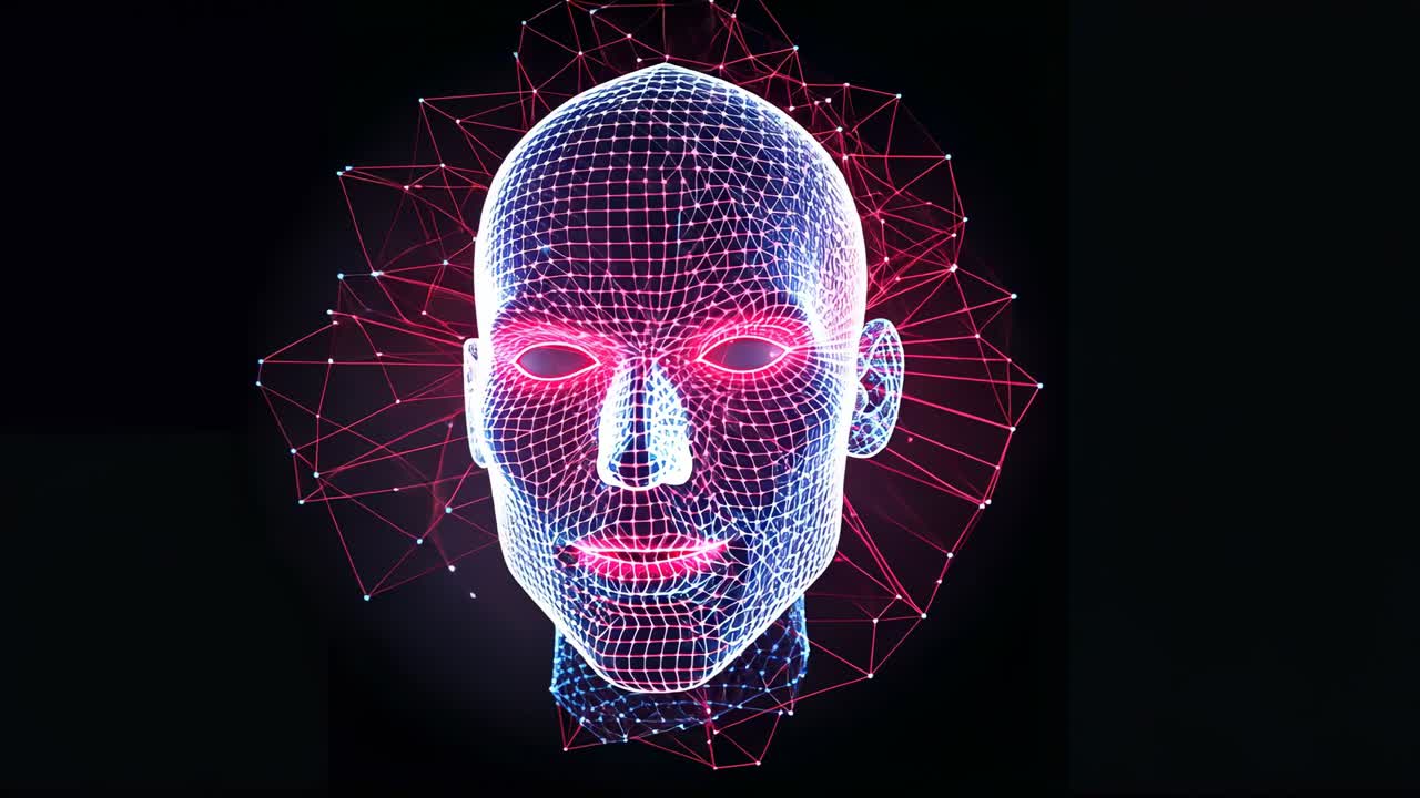 Animation initiating wireframe head rotating in black void, with glowing red eyes and network halo