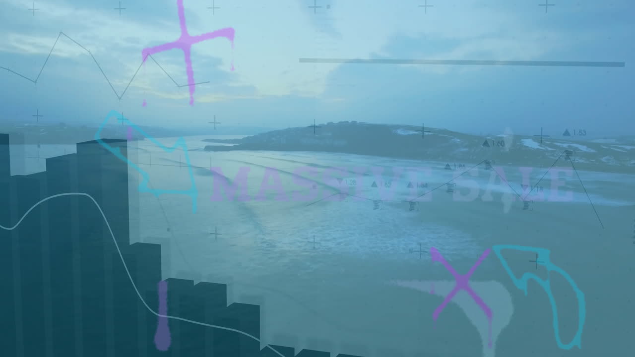 Composite data visualization being overlaid on dusk coastal seascape, showing bar charts, arrows