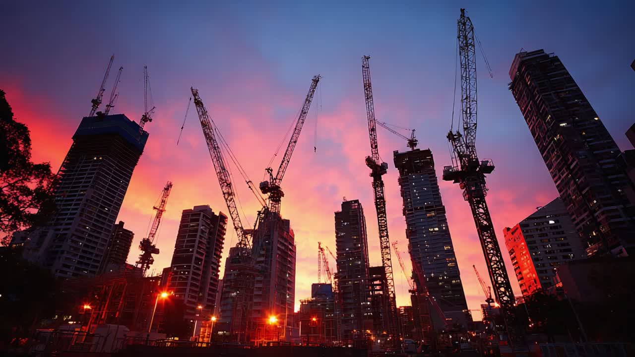 A Stunning Evening View of Urban Construction: Tower Cranes Against a Vibrant Sky, Showcasing the Progress of City Development and Architectural Innovation