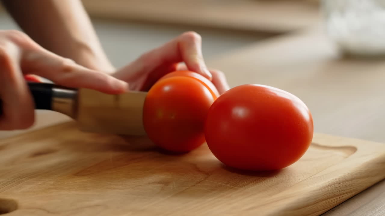 Cortando tomates frescos en una tabla de madera