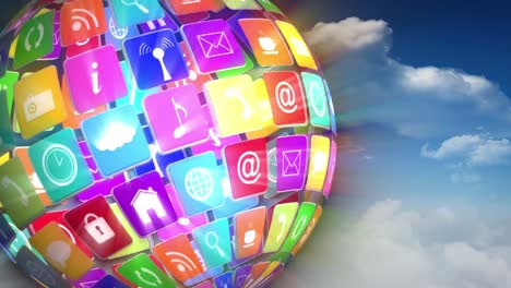 animación del globo formado con iconos digitales sobre el cielo y las nubes