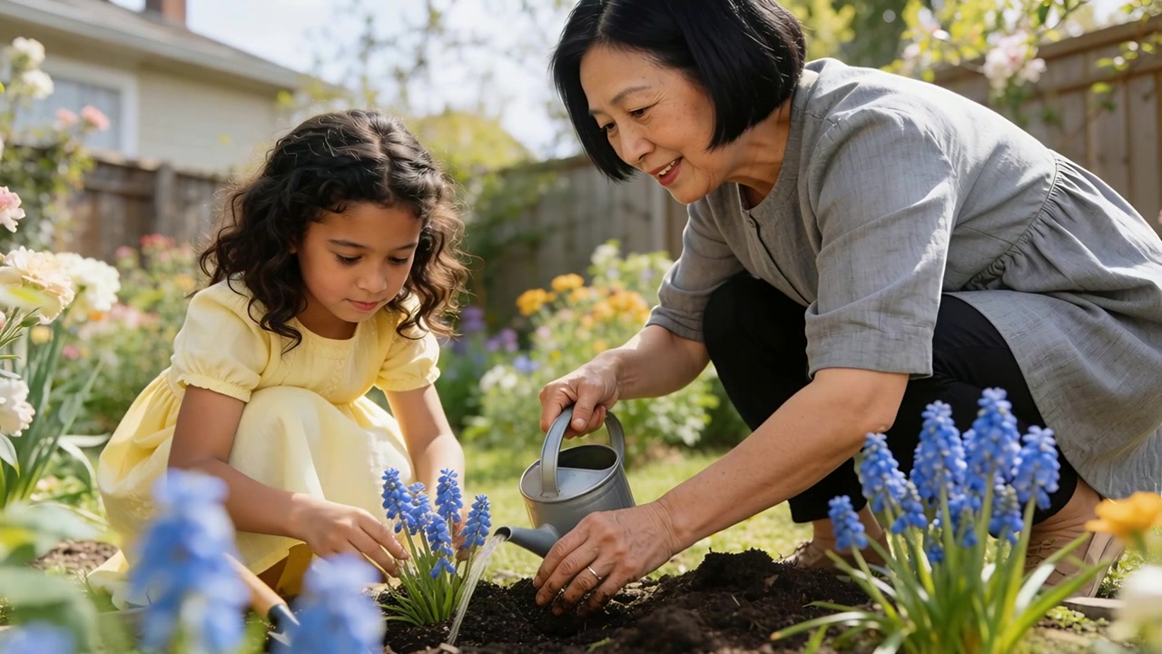 Planting woman guiding girl yellow dress placing blue plant into hole in garden, pouring metal can