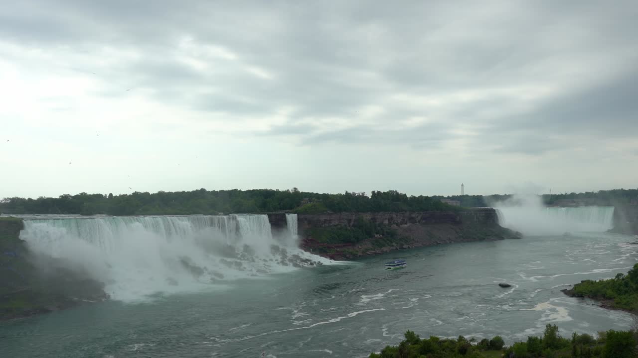 vista del paisaje de las cataratas del niágara, el agua que fluye por la cascada creando vapor, en un día nublado