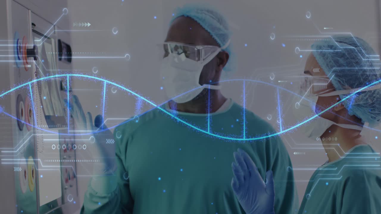 다양한 여성과 남성 외과 의사에 대한 dna 스트랜드의 애니메이션과 데이터 처리가 논의됩니다.