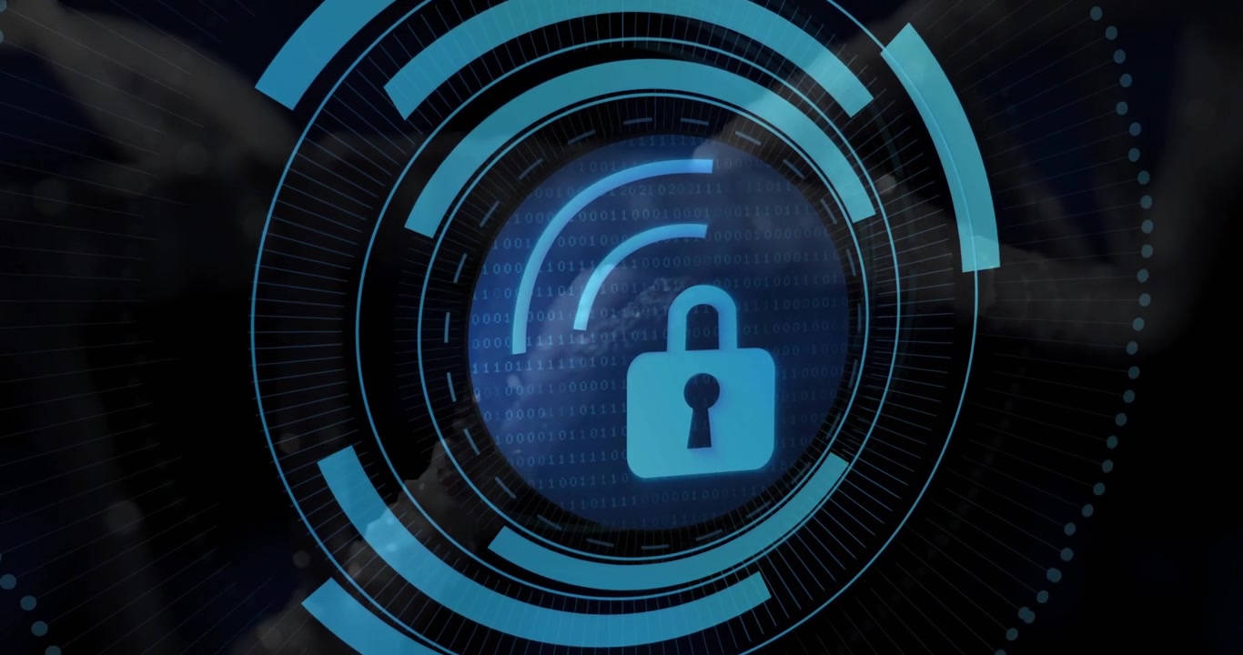 Holographic HUD fading in, rings rotating and disc locking, securing DNA data with binary code
