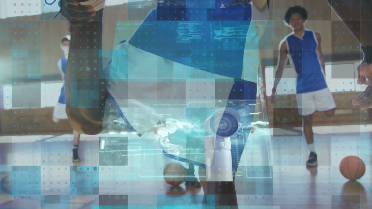 농구 팀 위의 스크린에서 과학 데이터의 애니메이션