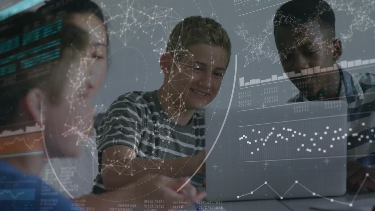 Vertical video: Three students gathering around laptop for study, typing as data overlay shifting