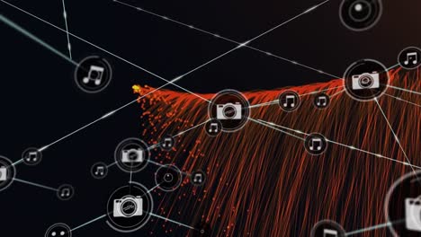 Animation-of-network-of-connections-over-orange-energy-on-black-background