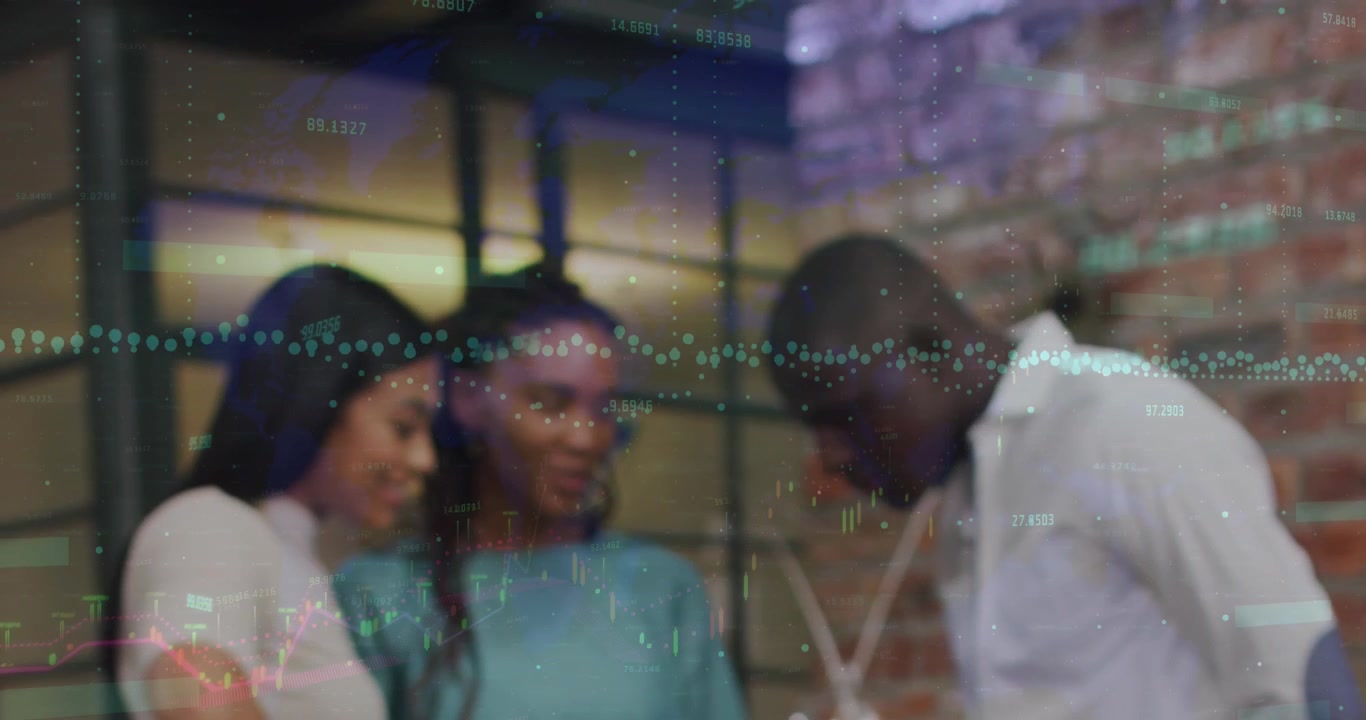 Animation of financial data processing over diverse business people at office