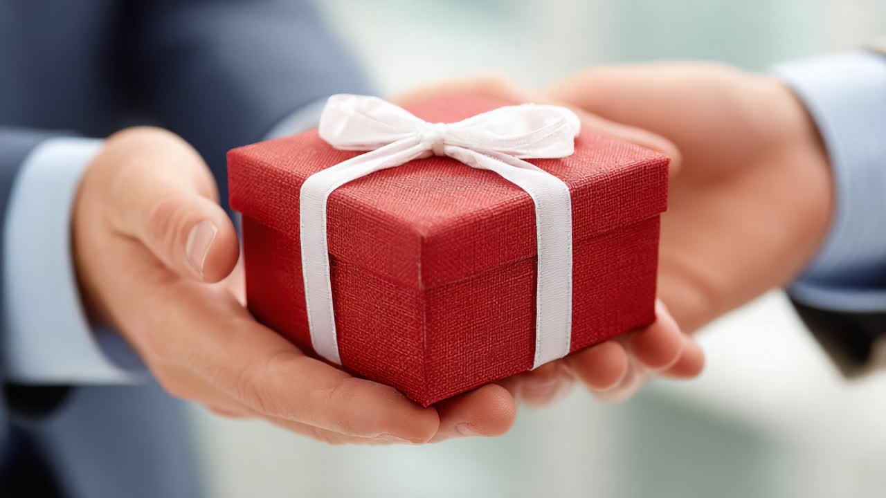 Uno Scambio di Doni Premuroso: Celebrare Momenti di Generosità e Apprezzamento con un Regalo Rosso Splendidamente Incartato Consegnato in Mani Amichevoli
