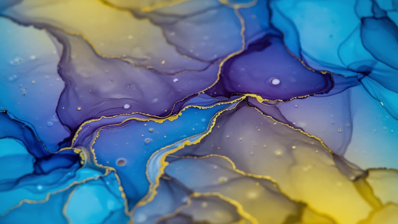 An Abstract Exploration of Fluid Dynamics and Rich Colors in Alcohol Ink Artwork, Showcasing the Harmonious Blend of Blue, Yellow, and Purple Hues with Golden Accents