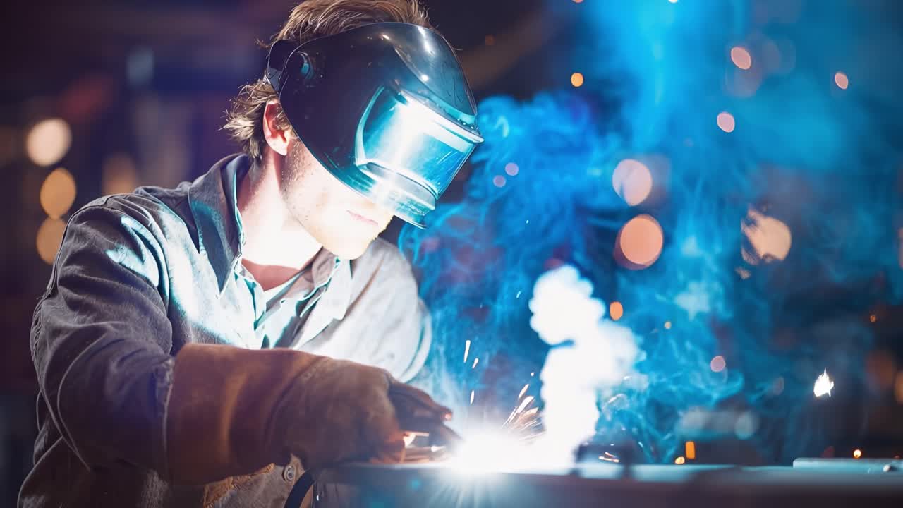 Skilled Welder Performing Precision Welding in a Workshop, Creating Sparks and Blue Flame While Wearing Protective Gear to Ensure Safety and Quality Workmanship