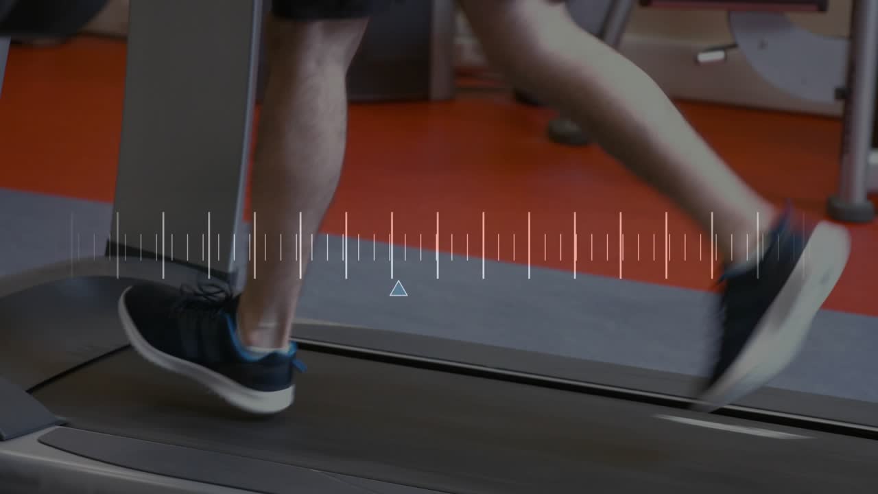Male runner driving fitness strides on treadmill belt, waveform triangle marker tracking cadence
