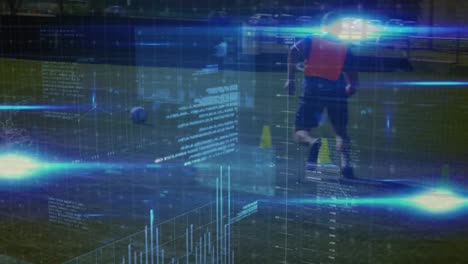 Animation-of-data-processing-over-diverse-male-soccer-players-playing-at-stadium