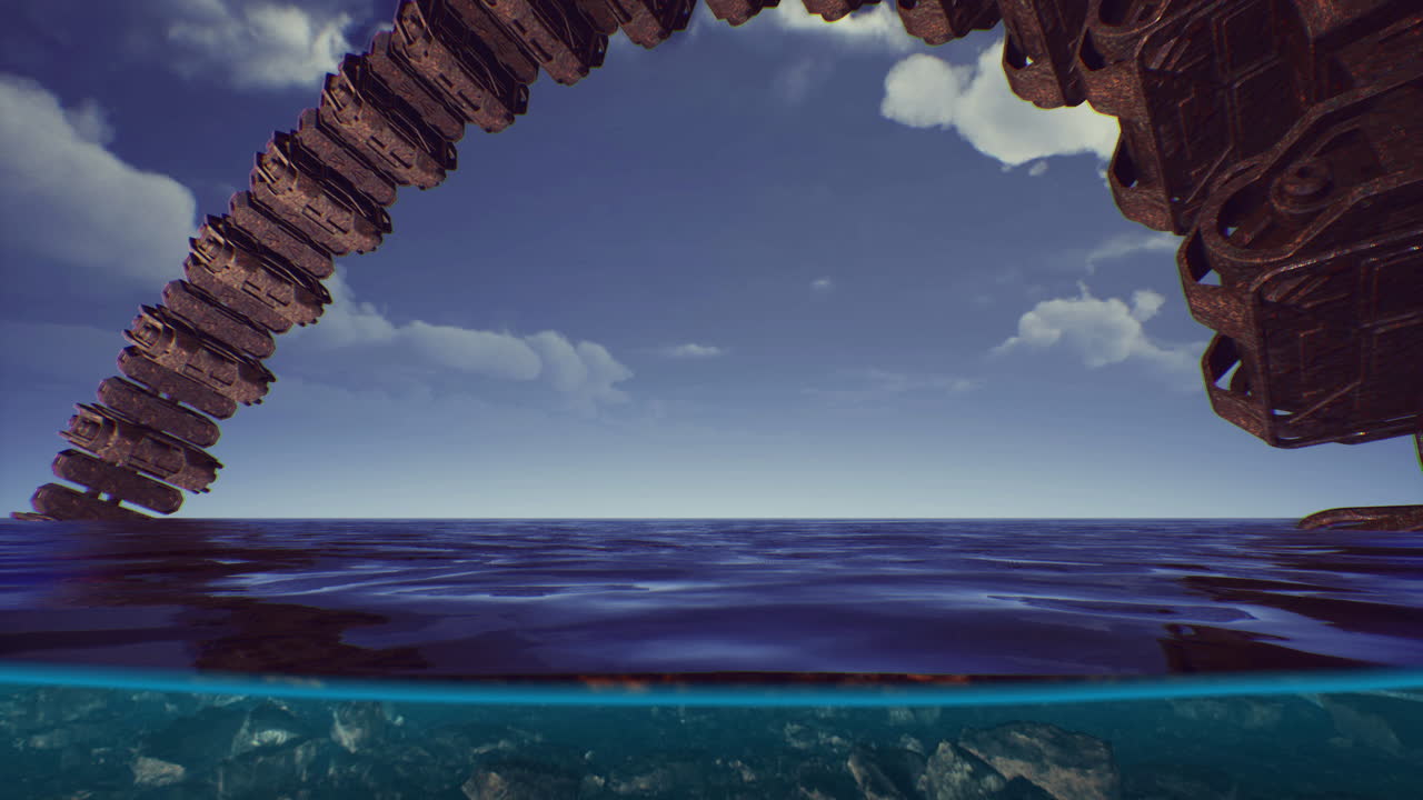 Ancient alien spaceship rests quietly in the oceans depths under a clear sky