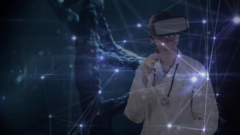 animación de un médico usando un auricular vr sobre una red de conexiones en el fondo.