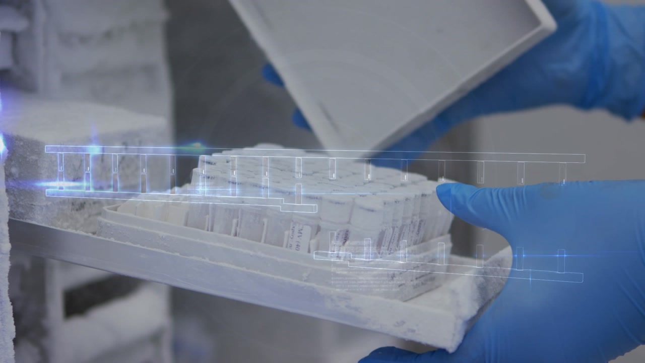 Animation of dna strand and data processing over caucasian scientist in lab