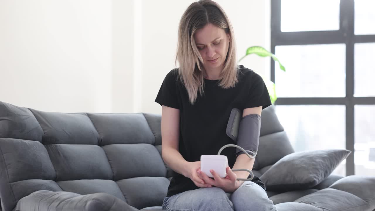 Woman measuring her blood pressure at home