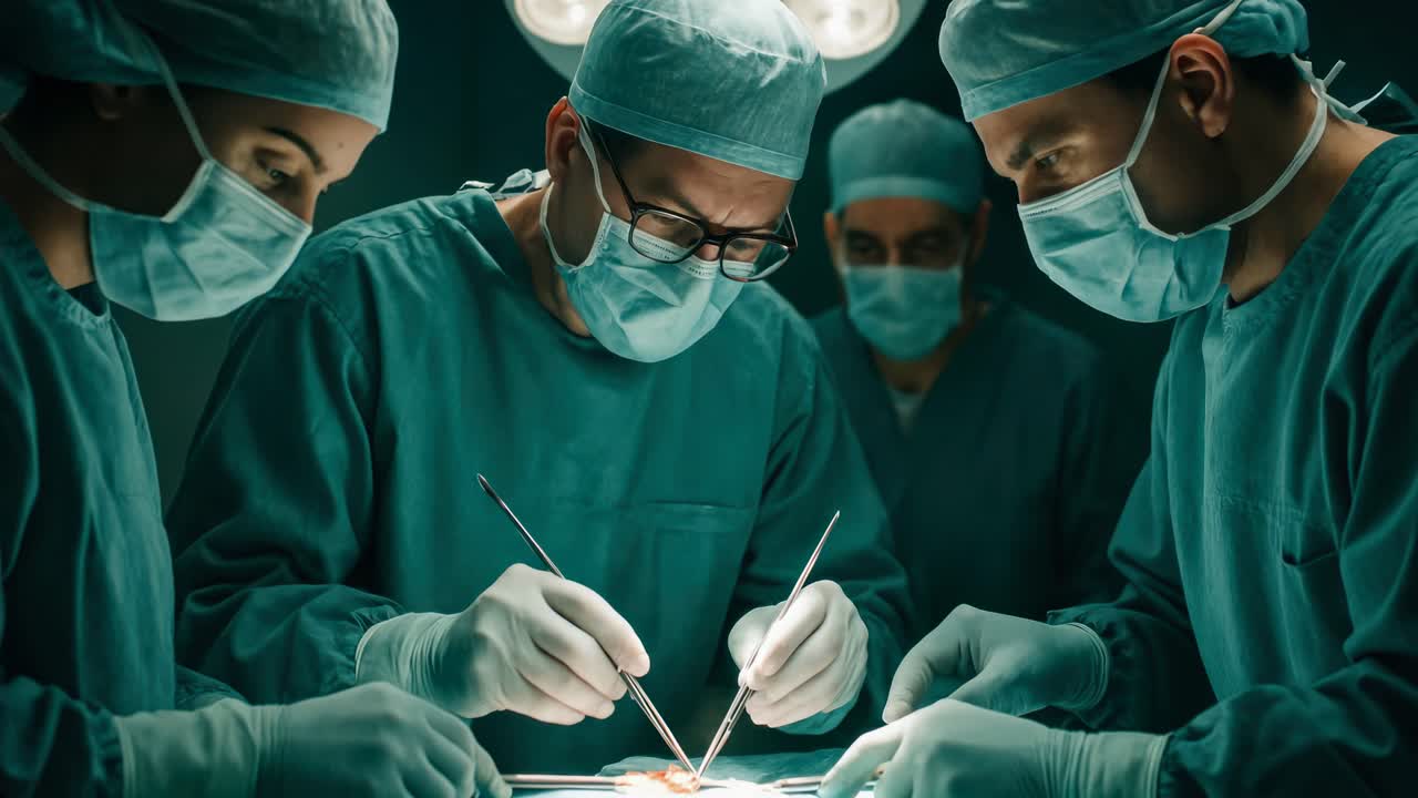 A dramatic video scene captures surgeons in action from a low-angle view, highlighting teamwork